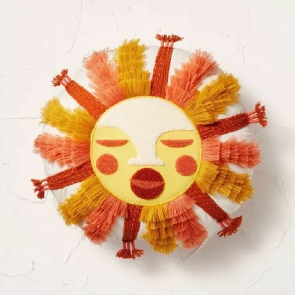 Fringed & Embroidered Sun Sunrise Boho Round Throw Pillow designed with Bungalow